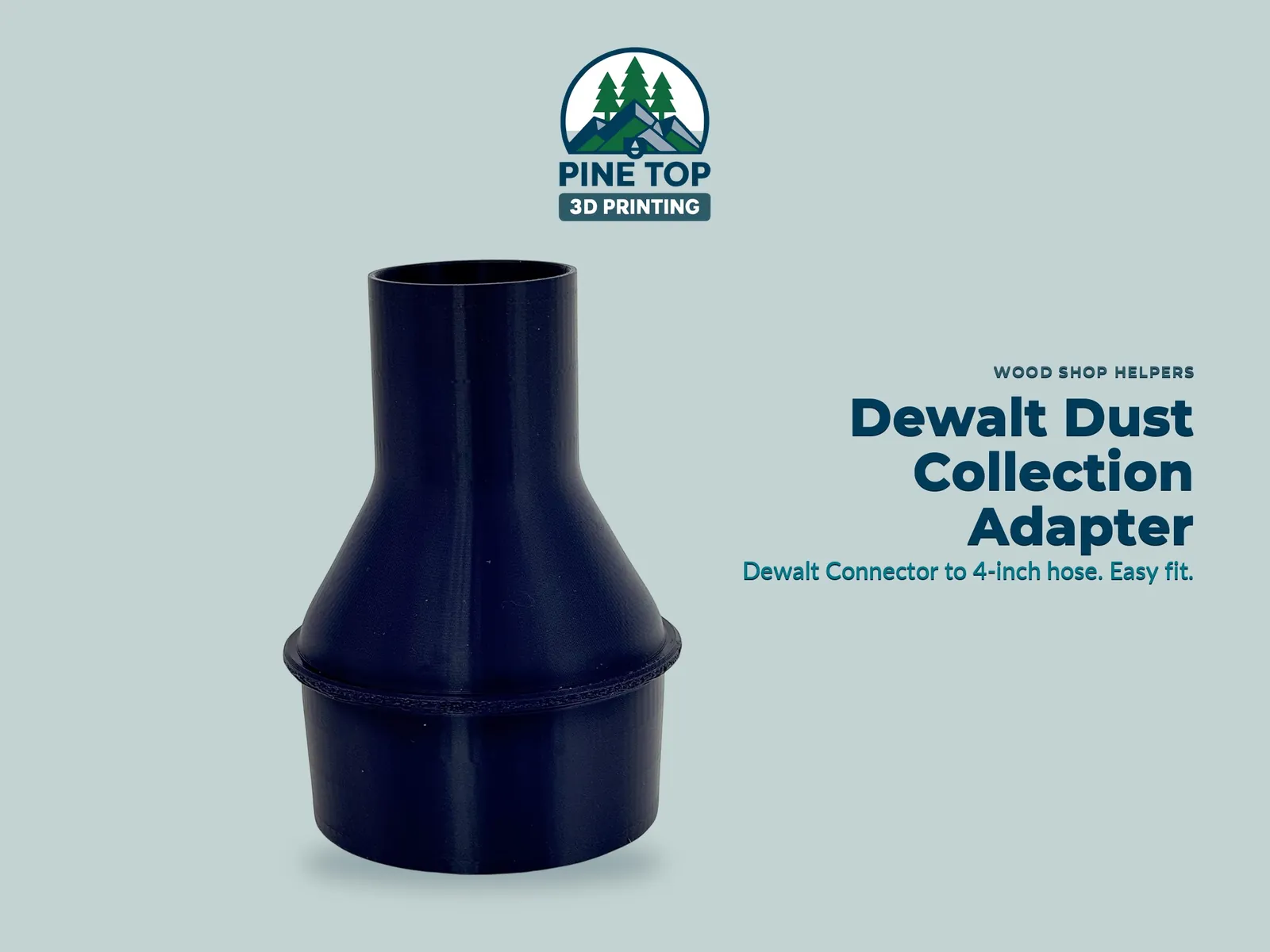 The printed DeWalt-to-4-inch-hose adapter in navy blue ABS