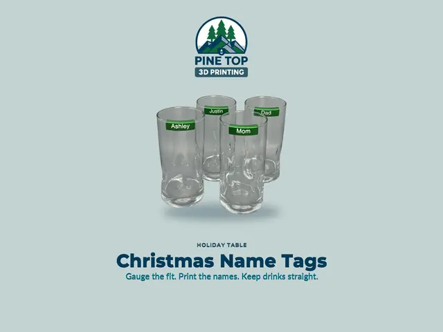 Four holiday glasses with printed clip-on name tags around a festive table