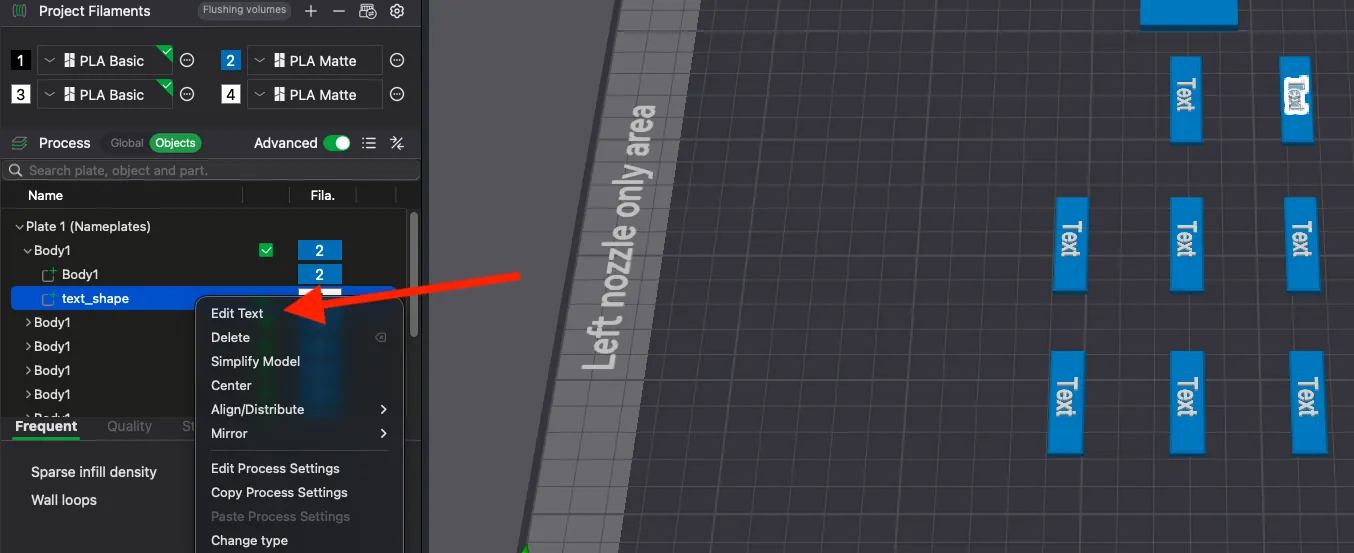Bambu Studio screenshot with a red arrow pointing to Edit Text in the right-click menu of the highlighted text_shape