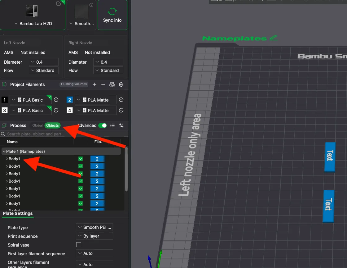 Bambu Studio screenshot with red arrows pointing to the Objects toggle in the Process panel and to a nameplate Body1 in the object list