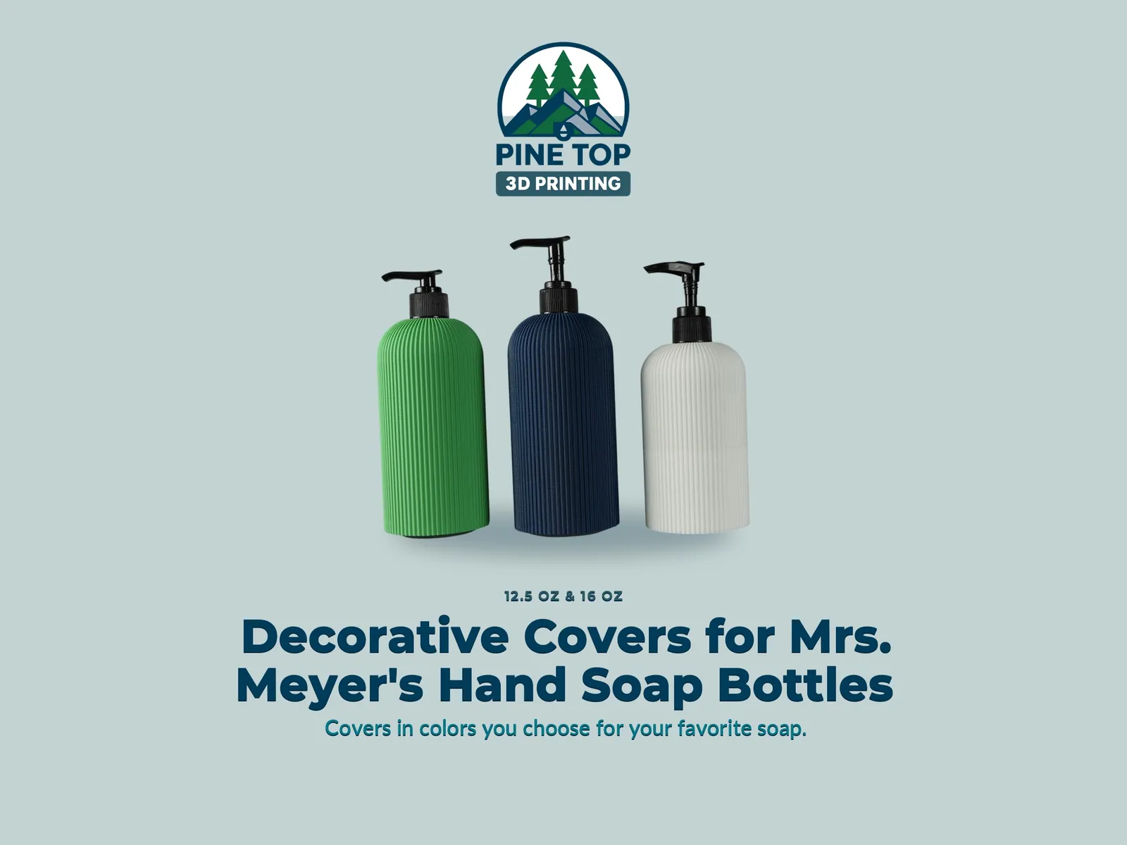 Three covered soap bottles in Grass Green, Dark Blue and Marble White — the 12.5 oz and 16 oz sizes side by side