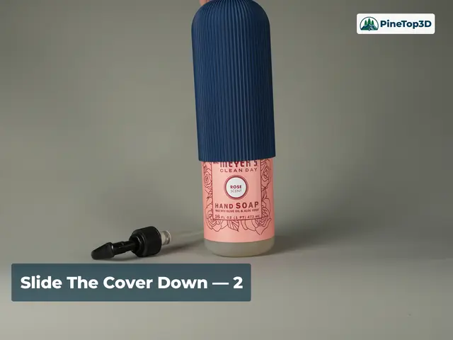 Step 2 — the Dark Blue cover being lowered over the bottle from the top, the label still showing below it