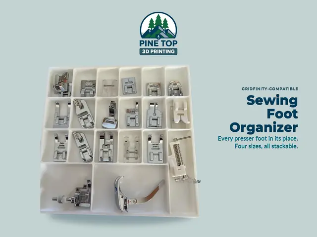 Gridfinity sewing foot organizer loaded with presser feet, each in its own compartment