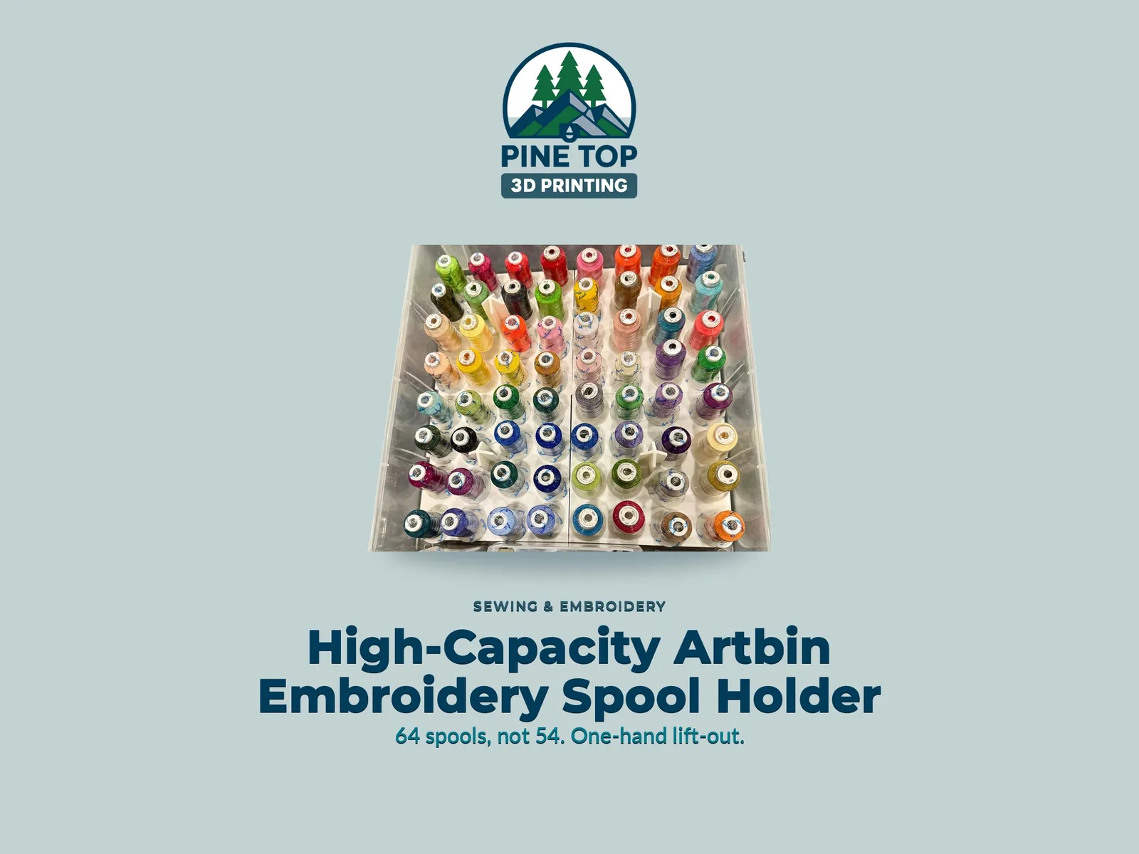 Four printed sections holding 64 large embroidery spools in an Artbin Super Satchel box