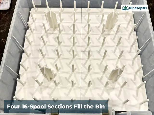Four 16-spool sections filling the bin