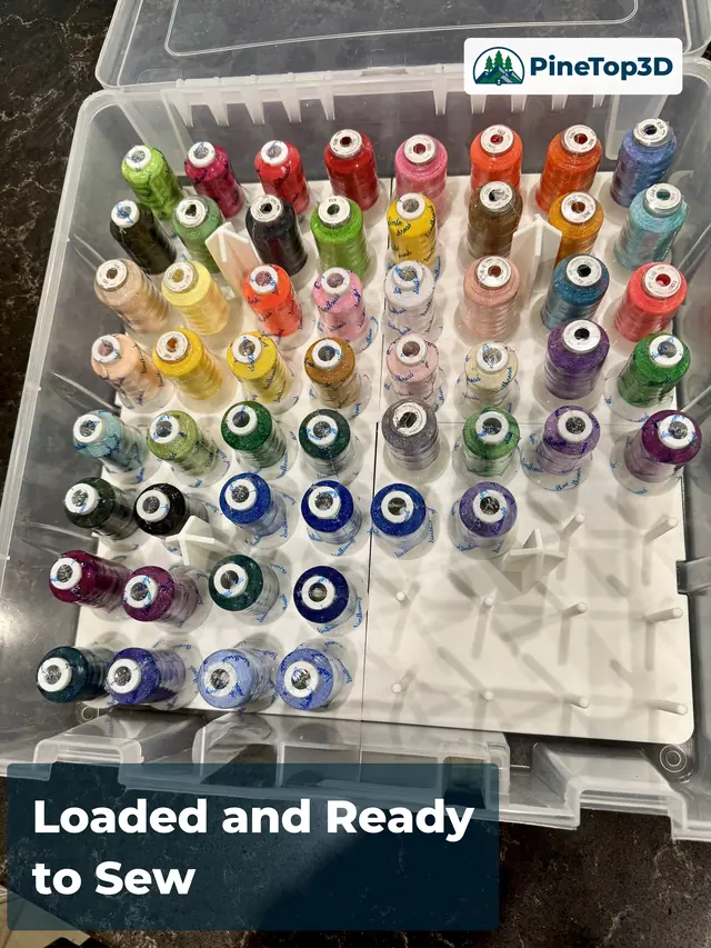 Printed holder loaded with large spools, ready to sew