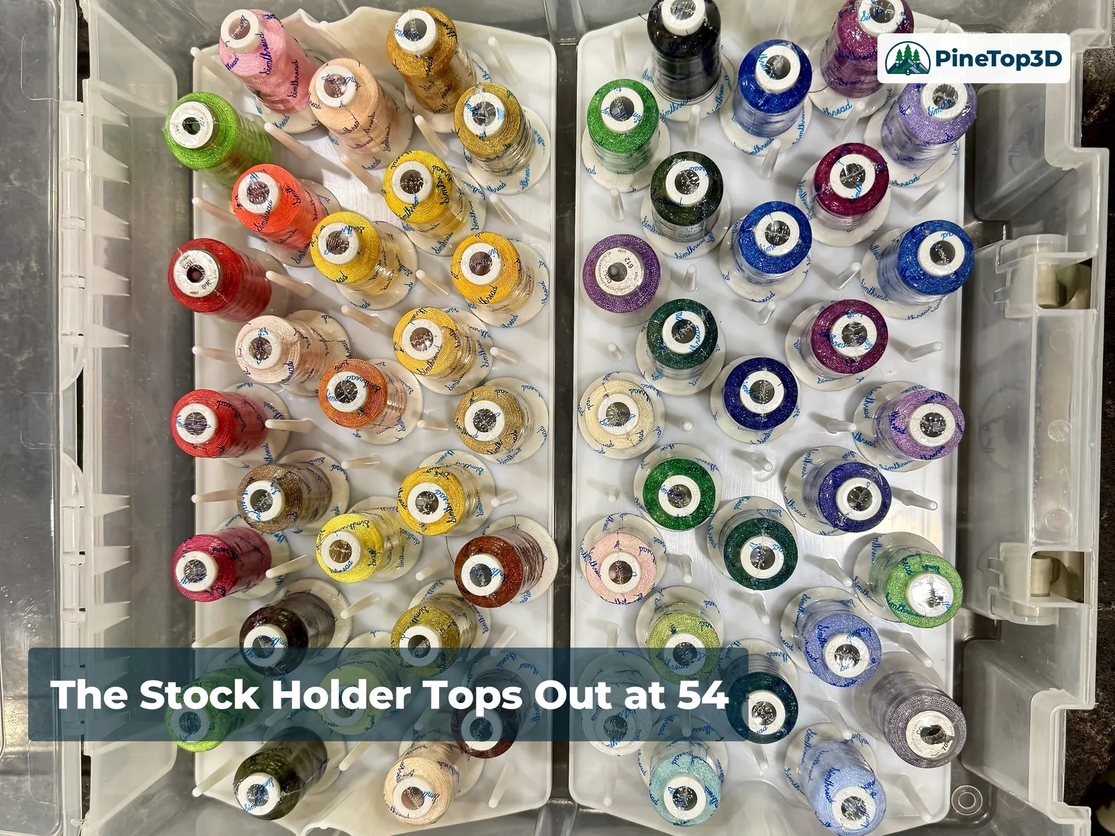 The stock Artbin holder with 38 mm spools — only 54 fit, with wasted space between pins