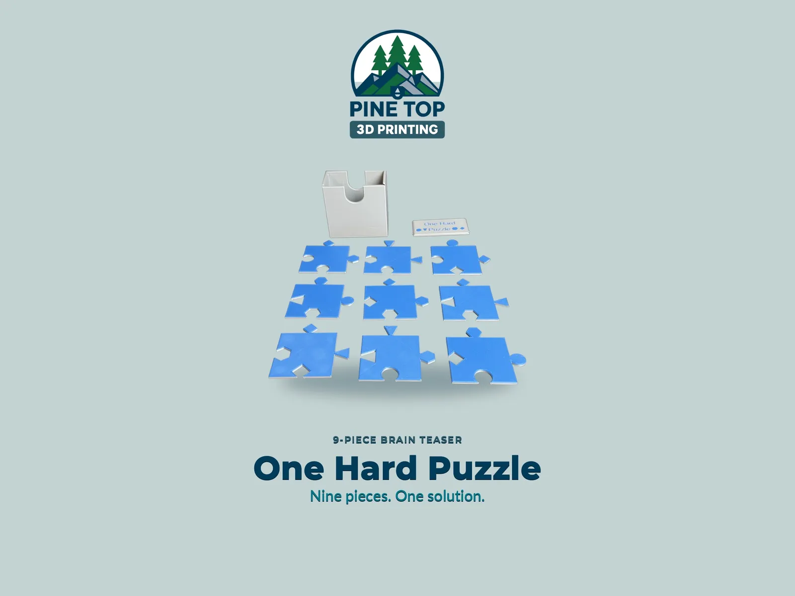 The nine puzzle pieces laid out below the printed storage case and lid