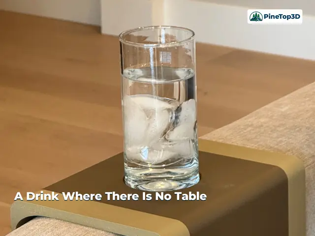 A drink on the tray over a fabric sofa arm