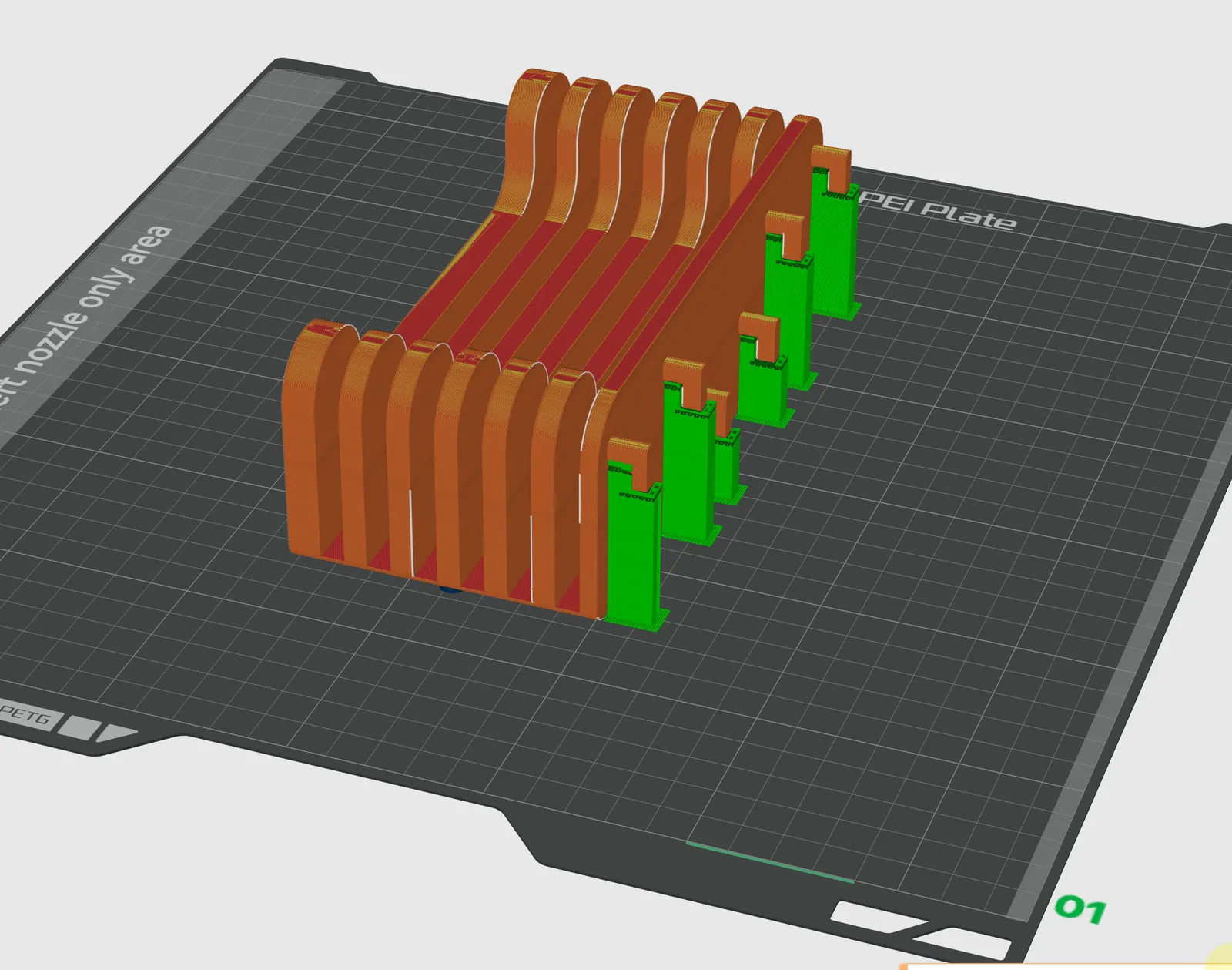 Bambu Studio slice preview showing normal supports generated only under the Skadis hooks, with the part lying on its back
