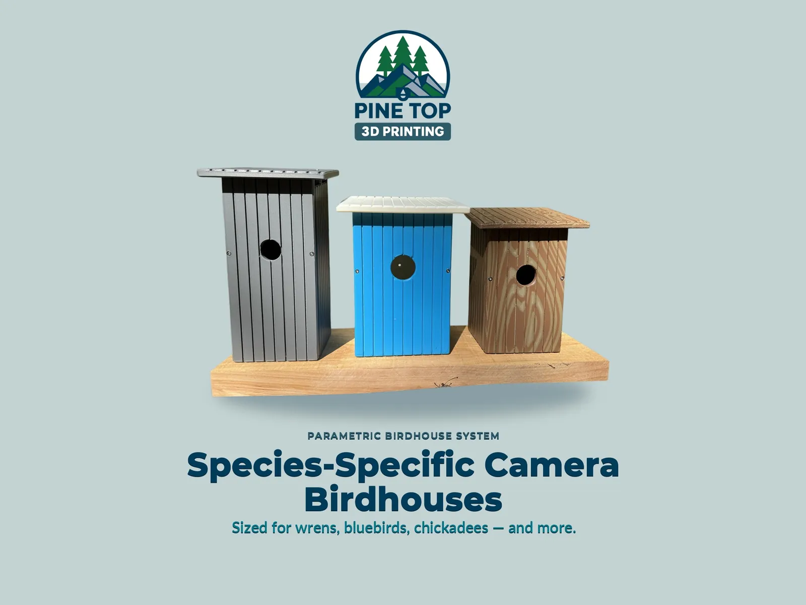 Three printed birdhouses side by side — gray, blue, and wood-grain finishes