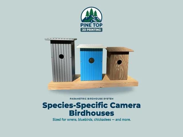 Three printed birdhouses side by side — gray, blue, and wood-grain finishes