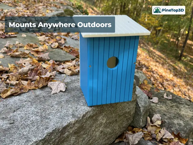 Blue birdhouse mounted outdoors
